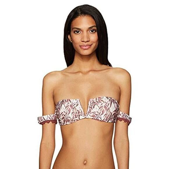 Mink Pink Bikini Top Women SMALL Feather Palm Off Shoulder Bandeau Swim - Picture 4 of 10